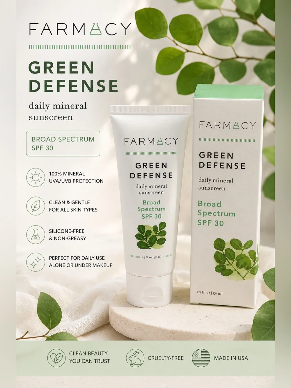 Farmacy Green Defense Daily Mineral Sunscreen SPF 30 - White & Green exp 1/27